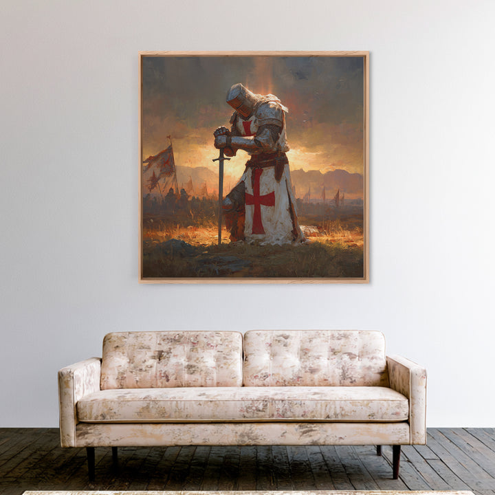 Kneeling Templar Knight In Battle Canvas Print, Medieval Christian Wall Art, Crusader Artwork Gift For Him, Man Cave Decor