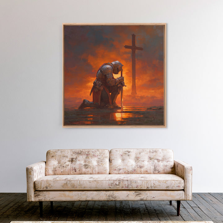 Kneeling Crusader Before Cross At Fiery Sunset Wall Art, Christian Canvas Print, Medieval Decor, Inspirational Gift For Him