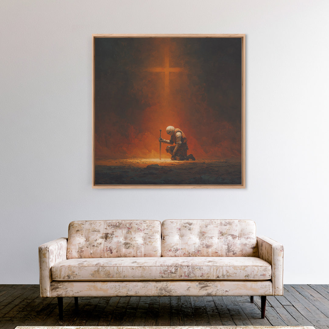Kneeling Knight With Glowing Cross Framed Canvas Print, Christian Wall Art, Dark Fantasy Decor, Prayer Room Gift For Him Home Decor