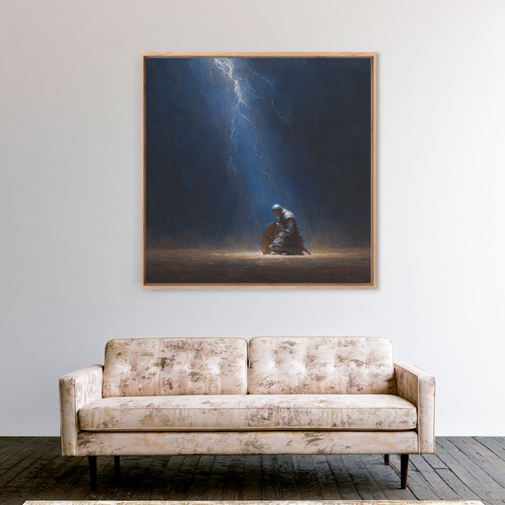 Kneeling Knight In Lightning Storm Wall Art, Dark Fantasy Medieval Canvas, Warrior Prayer Scene, Gothic Home Decor Unique Gift