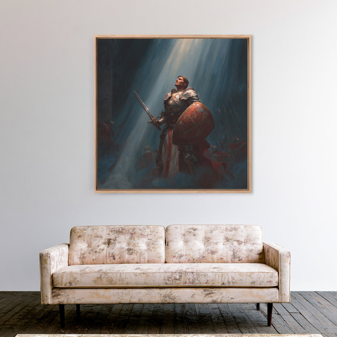 Heroic Knight With Sword And Shield In Divine Light Framed Canvas Print, Fantasy Wall Art, Medieval Wall Decor, Gift For Him