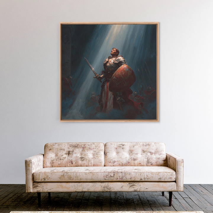 Heroic Knight With Sword And Shield In Divine Light Framed Canvas Print, Fantasy Wall Art, Medieval Wall Decor, Gift For Him
