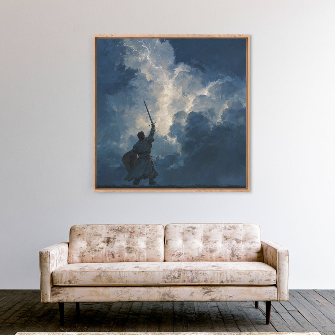 Warrior Raising Sword Into Lightning Canvas Print, Epic Fantasy Wall Art, Storm Clouds, Dark Heroic Medieval Home Decor Gift