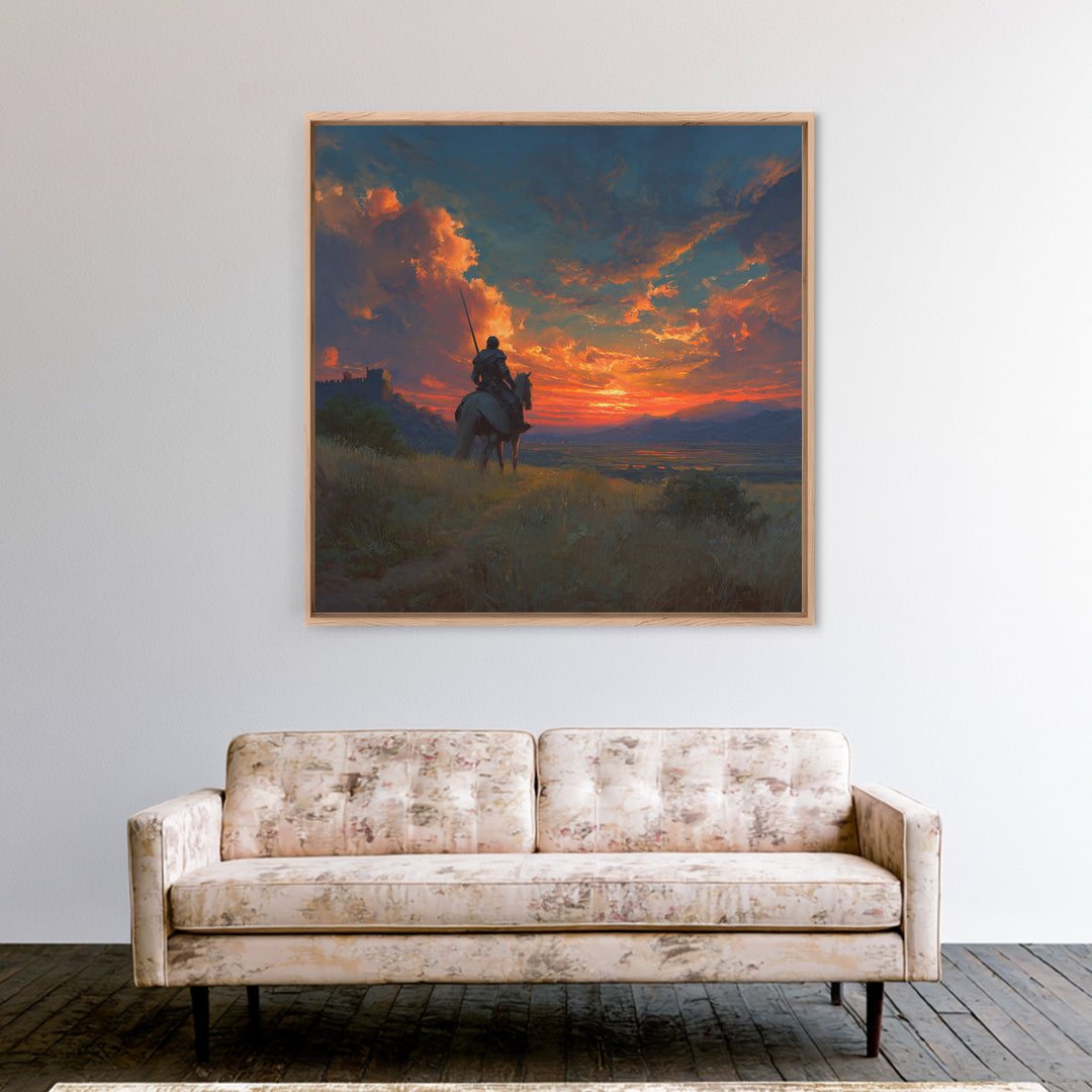 Armored Knight On Horseback At Fiery Sunset Canvas Print, Medieval Fantasy Wall Art, Dramatic Landscape Decor For Him Gift