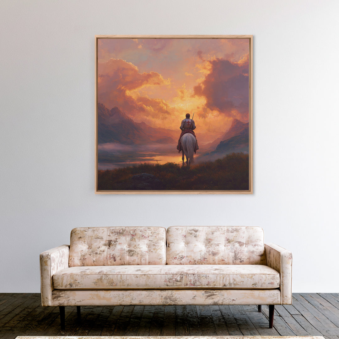 Lone Crusader Horseback Sunset Canvas Print, Epic Mountain Landscape Wall Art, Christian Artwork, Fantasy Art, Gift For Him