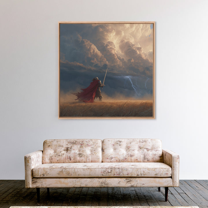 Armored Knight Facing Thunderstorm Wall Art, Dark Fantasy Canvas Print, Medieval Decor, Dramatic Warrior Gift For Him, Office Decor