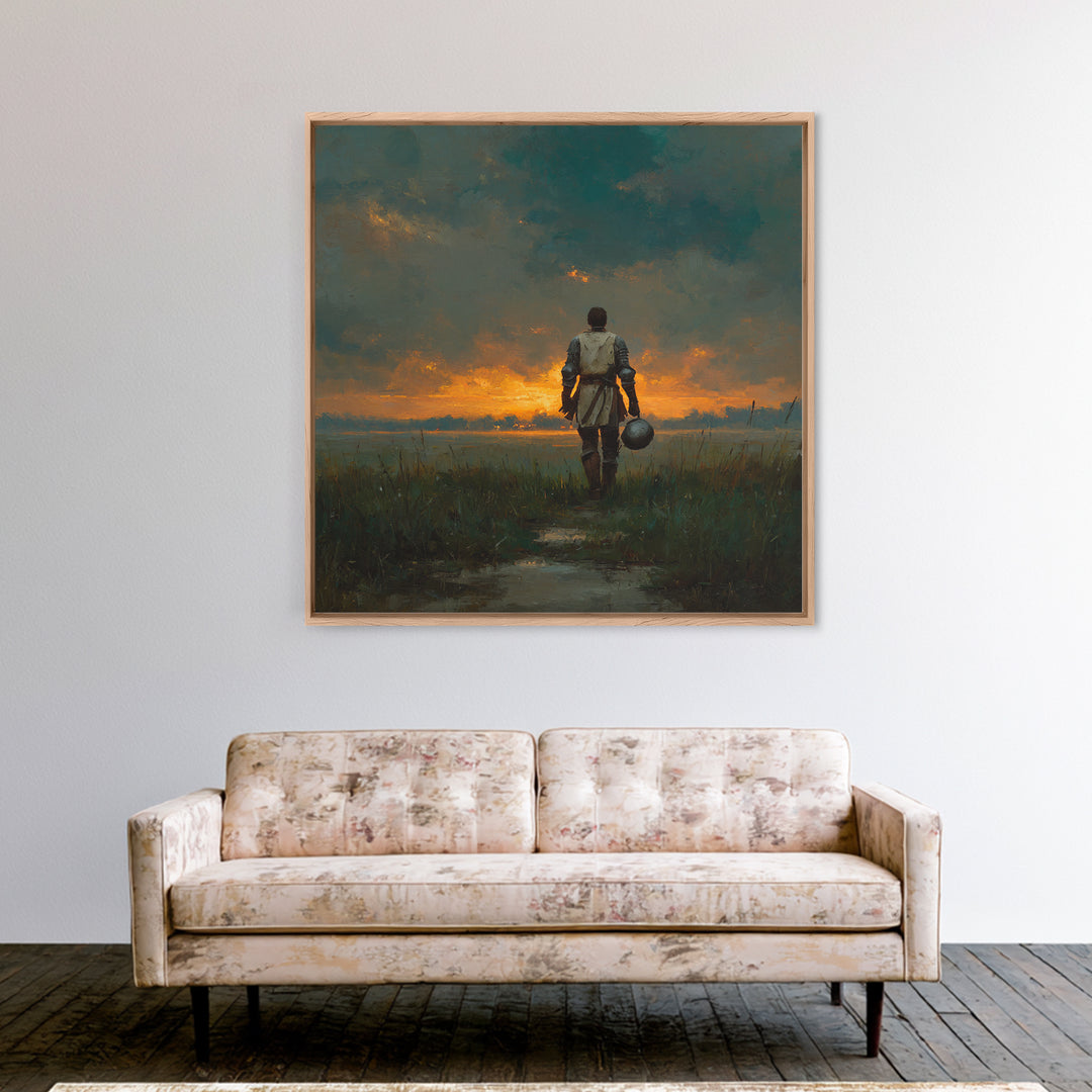 Lone Knight Walking Into Sunset Wall Art, Moody Medieval Landscape Canvas Print, Dark Academia Decor, Fantasy Gift For Him