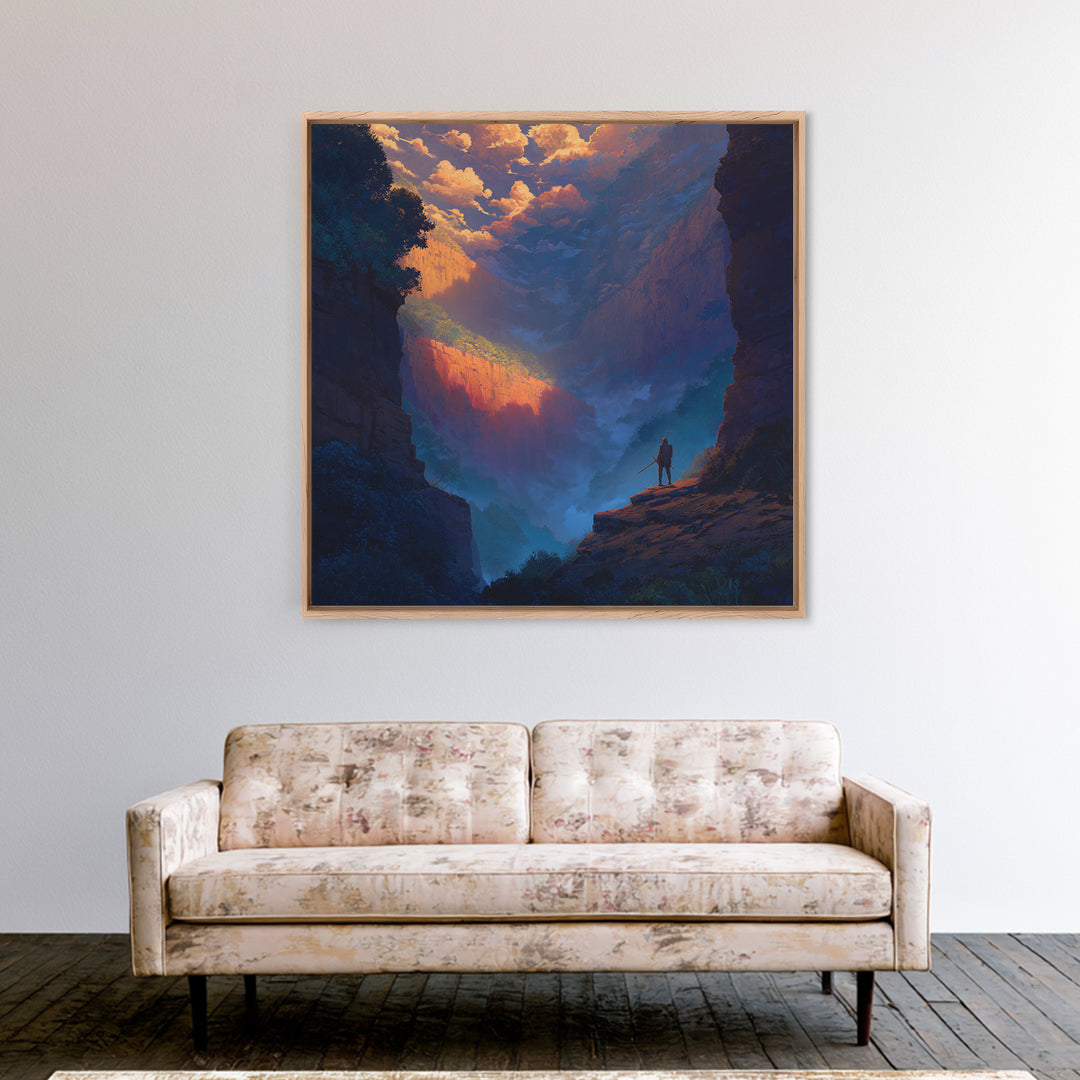 Warrior Over Misty Canyon Wall Art, Epic Fantasy Landscape Canvas Print, Mountain Wall Art, Adventure Decor, Gift For Him
