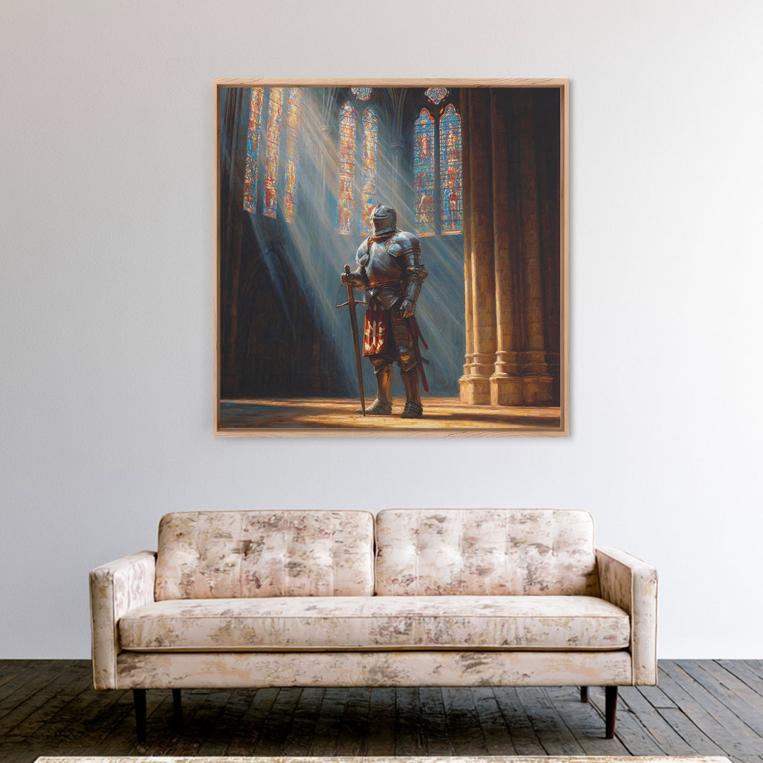 Armored Knight In Cathedral Light Wall Art, Medieval Fantasy Oil Painting, Gothic Decor, Dark Academia, Living Room Decor, Gift For Him