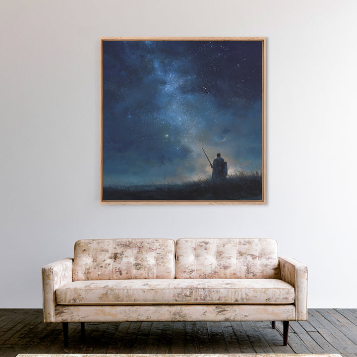 Starry Night Warrior With Sword Under Milky Way Canvas Print, Fantasy Wall Art, Celestial Decor, Mystical Bedroom Art Gift