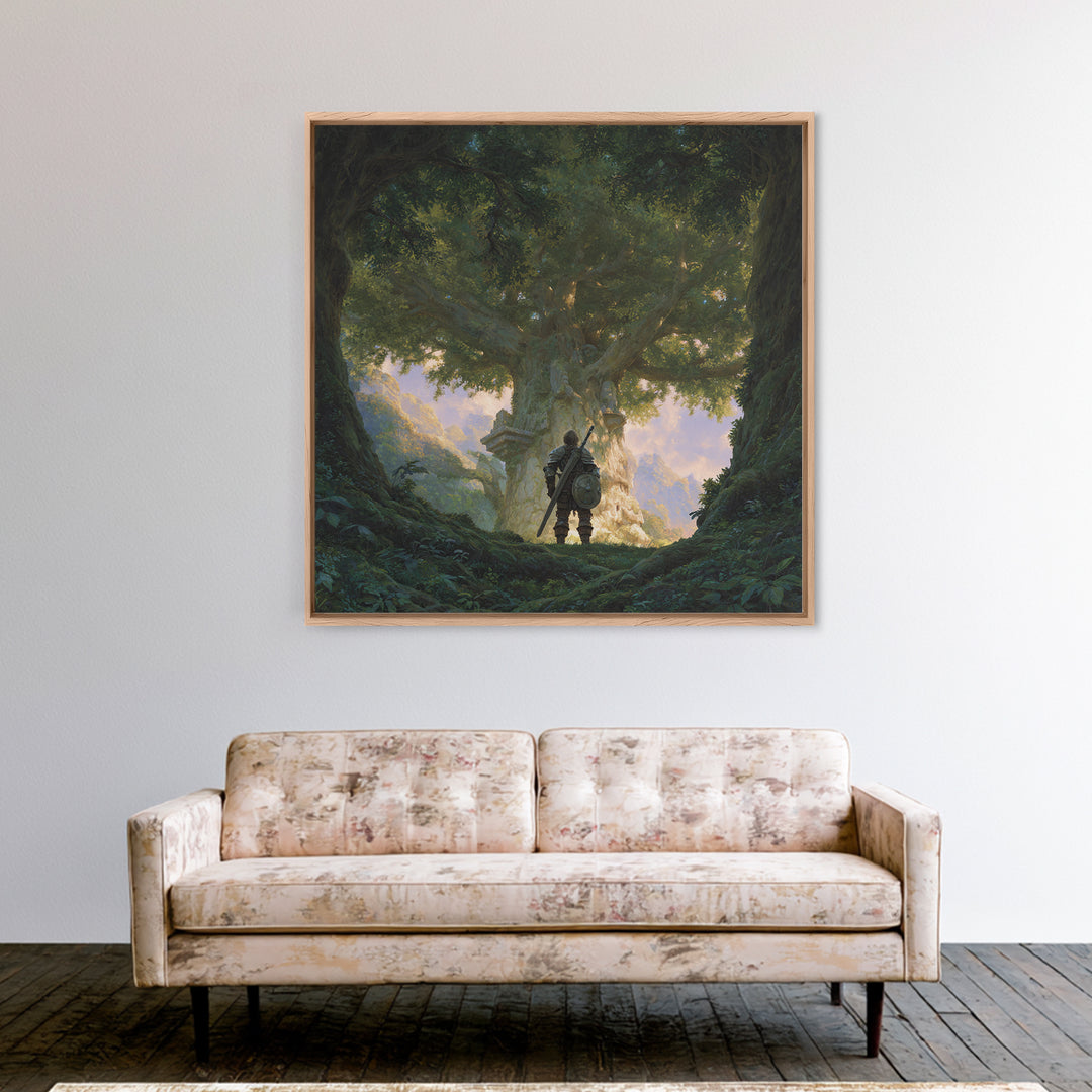 Warrior Before Ancient Tree Wall Art, Fantasy Forest Canvas Print, Enchanted Landscape Decor, Mythical Adventure Gift For Gamers
