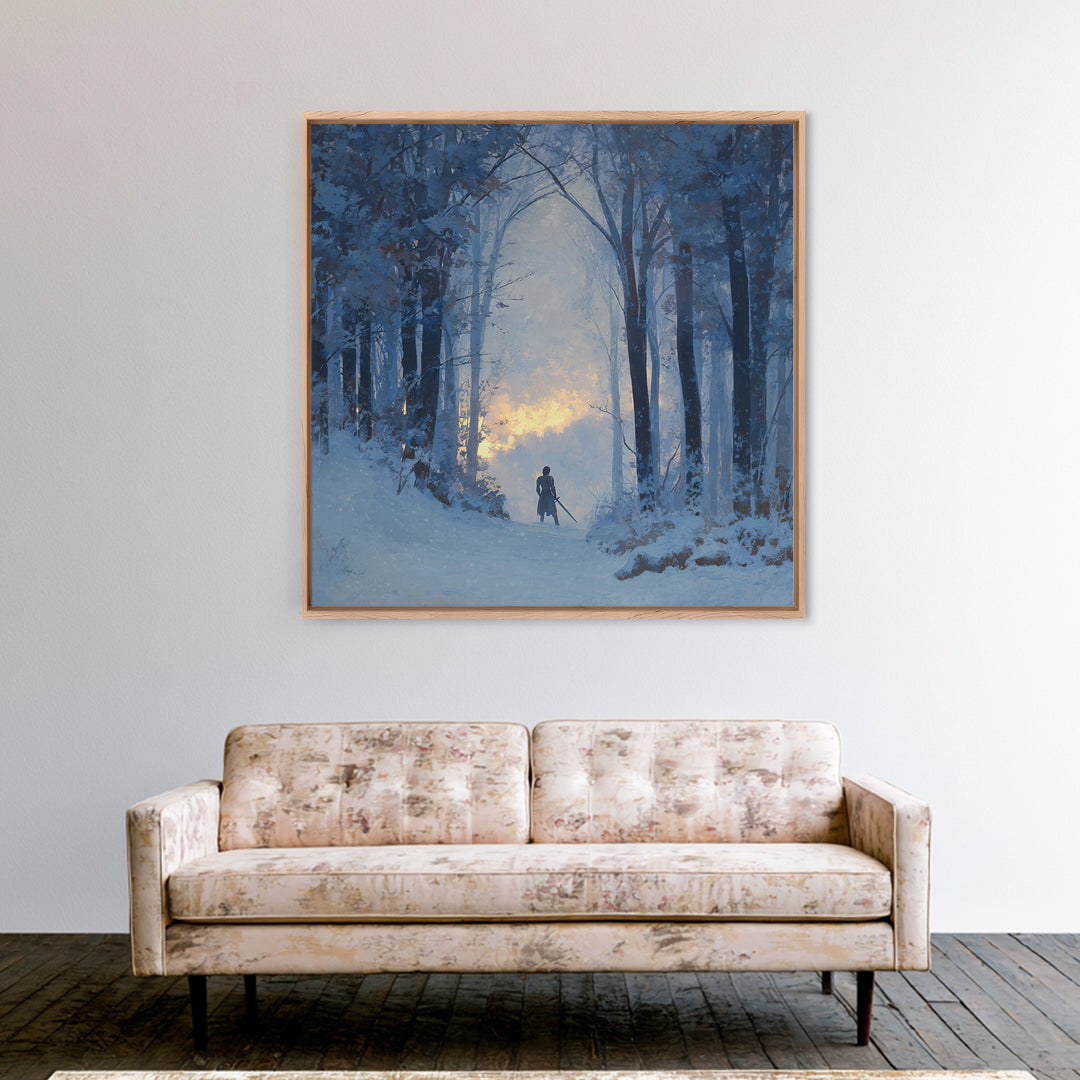 Blue Snowy Forest Wanderer Wall Art, Winter Landscape Canvas Print, Moody Nature Decor, Fantasy Adventure Gift For Him