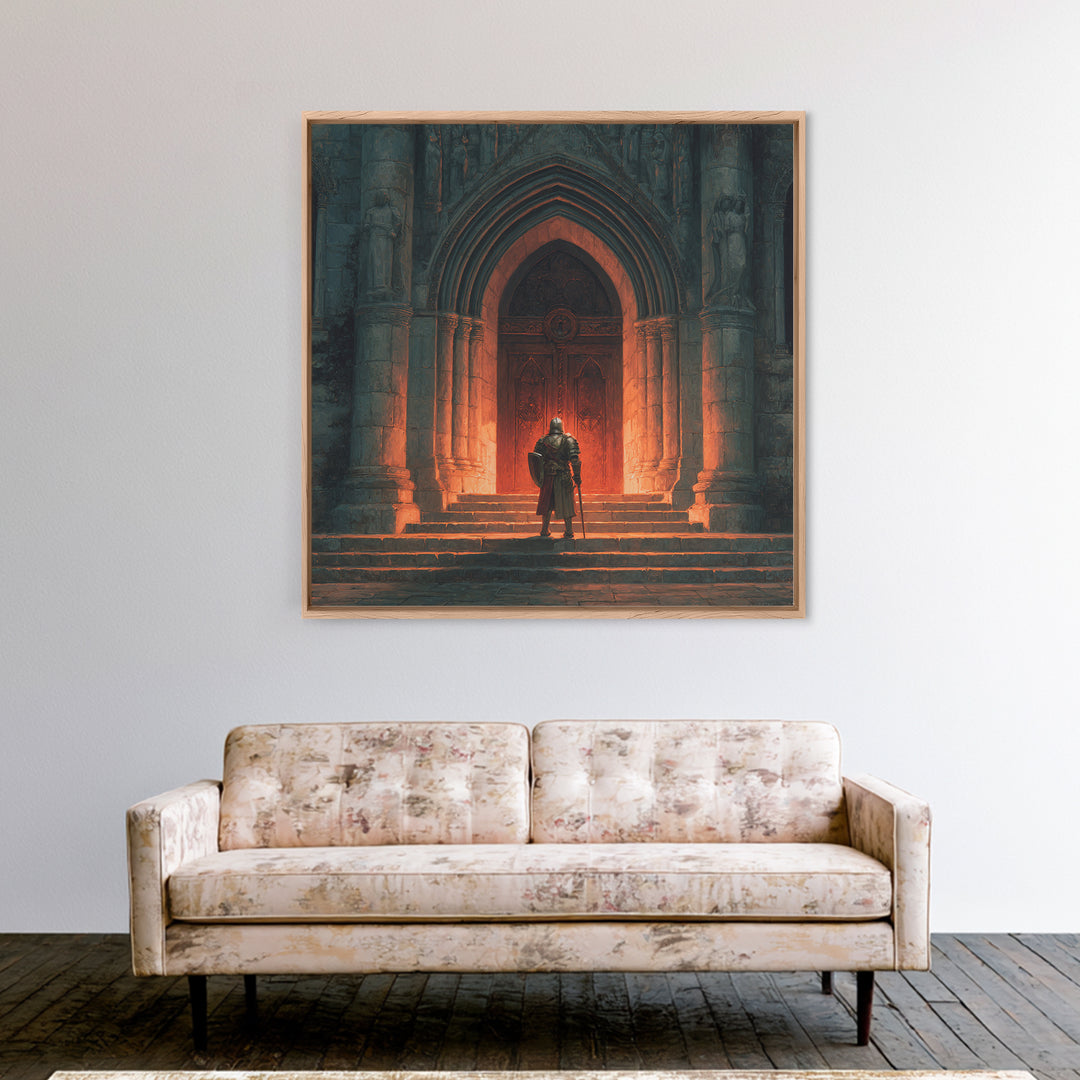 Armored Knight Before Gothic Cathedral Door Canvas Print, Medieval Wall Art, Dark Academia Decor, Gothic Fantasy Gift For Him
