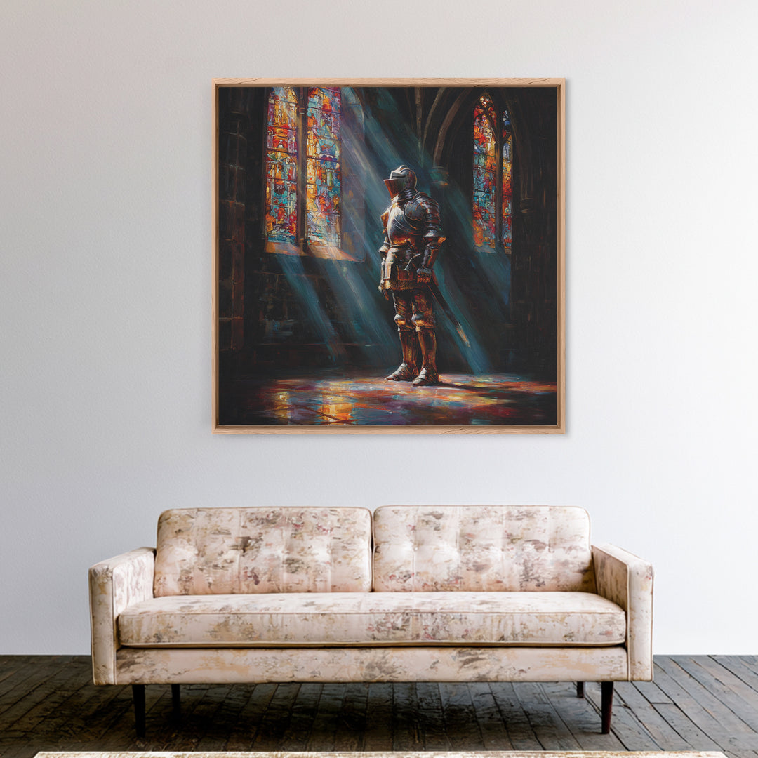 Armored Knight In Stained Glass Cathedral Wall Art, Gothic Castle Canvas Print, Medieval Decor, Dark Academia Fine Art Print