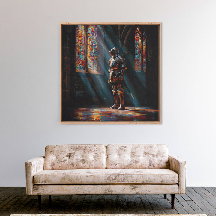 Armored Knight In Stained Glass Cathedral Wall Art, Gothic Castle Canvas Print, Medieval Decor, Dark Academia Fine Art Print