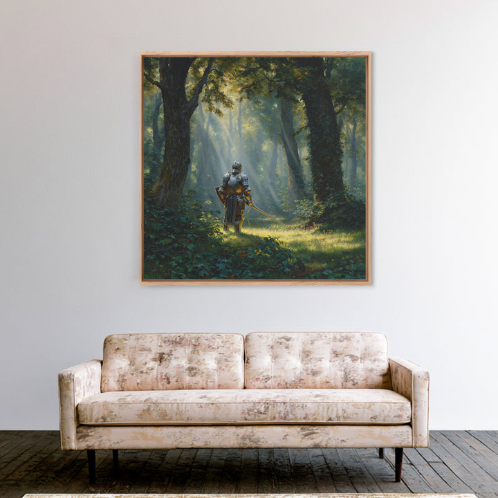 Armored Knight In Sunlit Forest Wall Art, Fantasy Canvas Print, Medieval Woodland Decor For Game Room Office And Home Decor