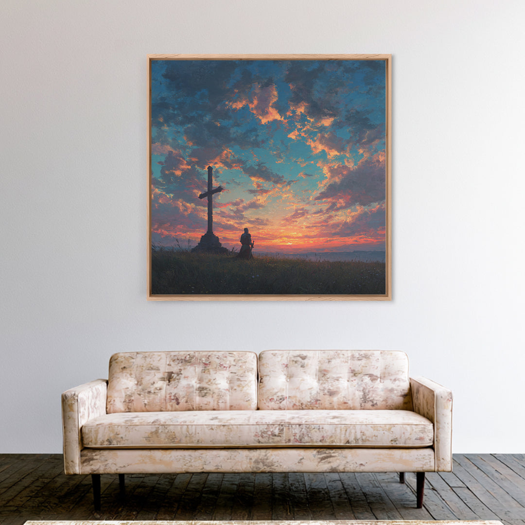 Knight Praying By Cross At Sunset Wall Art, Christian Landscape Painting, Bible Verse Decor, Inspirational Gift For Him Print