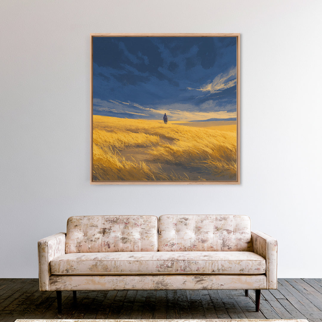 Lone Traveler In Golden Prairie Under Blue Sky Wall Art, Dreamy Landscape Canvas Print, Minimalist Nature Decor, Rustic Gift