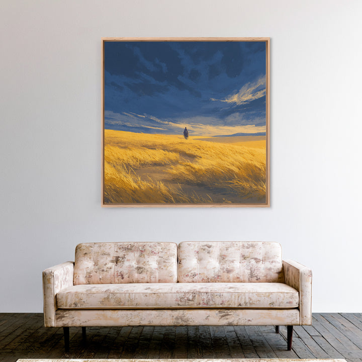 Lone Traveler In Golden Prairie Under Blue Sky Wall Art, Dreamy Landscape Canvas Print, Minimalist Nature Decor, Rustic Gift