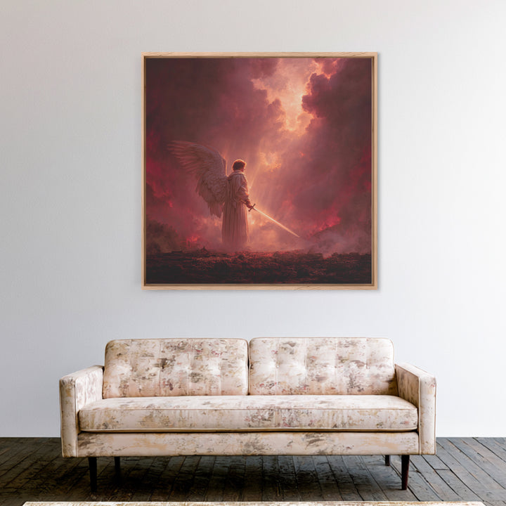 Angel Warrior With Sword Wall Art, Dark Fantasy Canvas Print, Christian Spiritual Decor, Gothic Celestial Statement Artwork