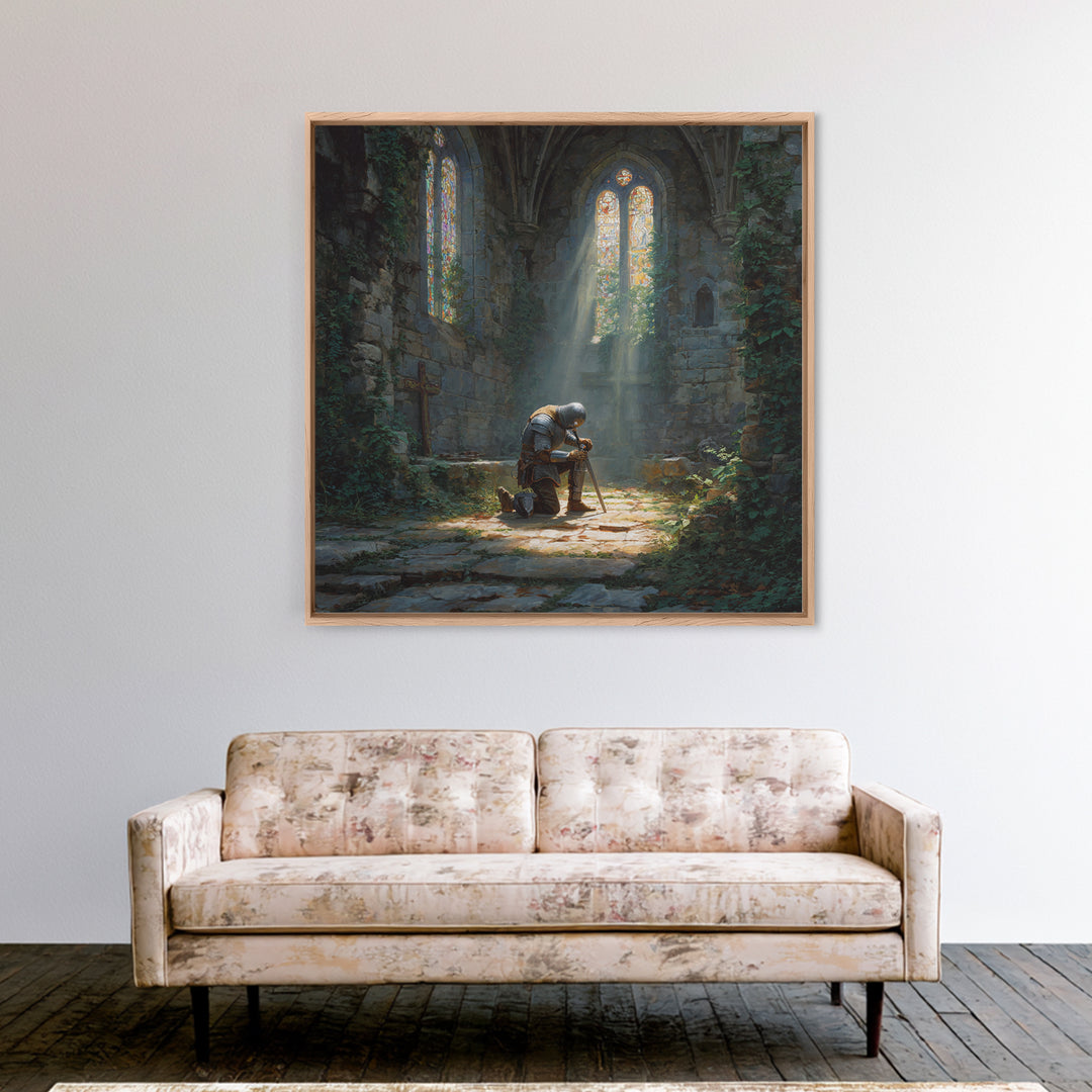Kneeling Knight In Ruined Chapel Wall Art, Medieval Fantasy Canvas Print, Gothic Decor, Christian Artwork, Fine Art Print