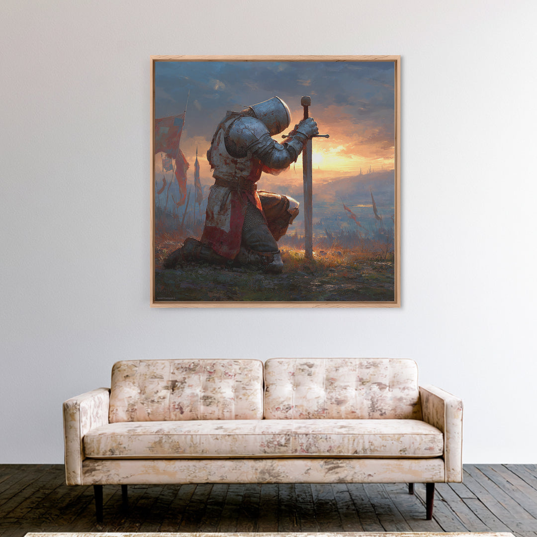 Kneeling Medieval Knight Wall Art, Fantasy Canvas Print, Warrior Sword Painting, Gothic Decor, Dark Academia Gift For Him