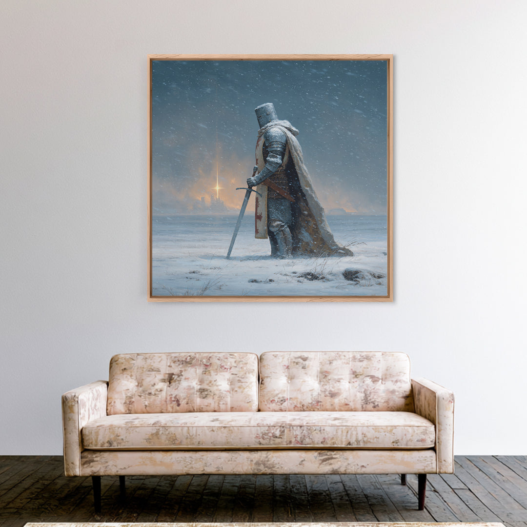 Snowy Medieval Knight Canvas Print, Fantasy Wall Art, Winter Warrior Sword Painting, Gothic Decor, Dark Academia Gift For Him