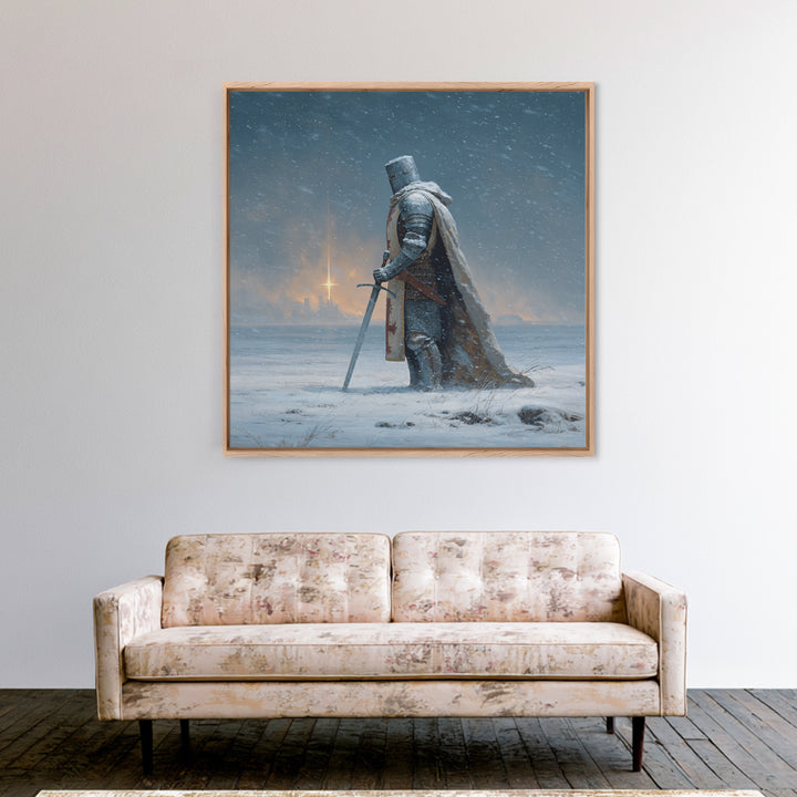 Snowy Medieval Knight Canvas Print, Fantasy Wall Art, Winter Warrior Sword Painting, Gothic Decor, Dark Academia Gift For Him
