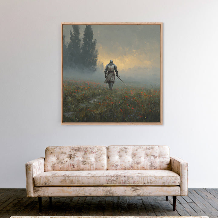 Misty Crusader Knight In Wildflower Meadow Wall Art, Medieval Landscape Canvas Print, Rustic Gothic Decor, Gift For Him Art
