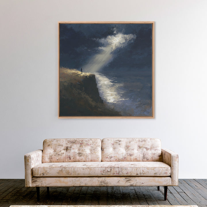 Lone Figure On Moonlit Cliff Wall Art, Moody Seascape, Dramatic Ocean Landscape, Dark Academia, Coastal Canvas Print, Fine Art Print