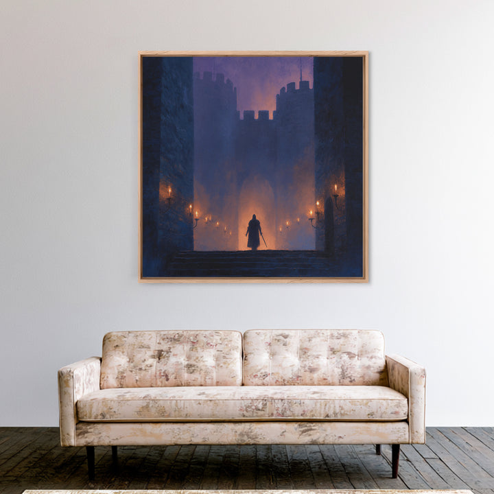 Cloaked Warrior At Castle Gate Wall Art, Dark Fantasy Canvas Print, Medieval Gothic Decor, Moody Game Room Art Gift For Him