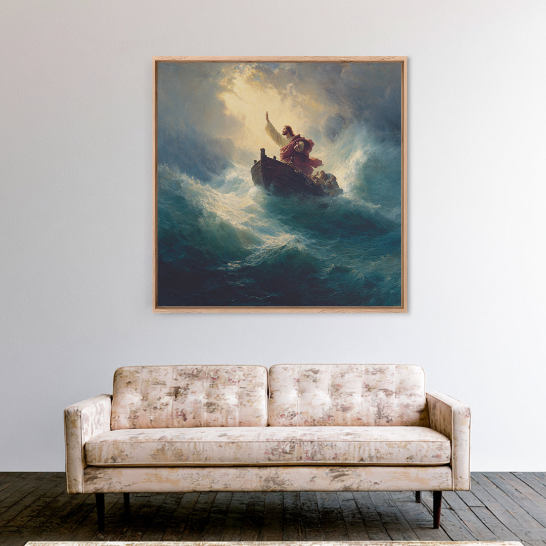 Jesus Calming The Storm At Sea Canvas Print, Biblical Ocean Painting, Christian Wall Art, Faith Gift For Prayer Room Decor