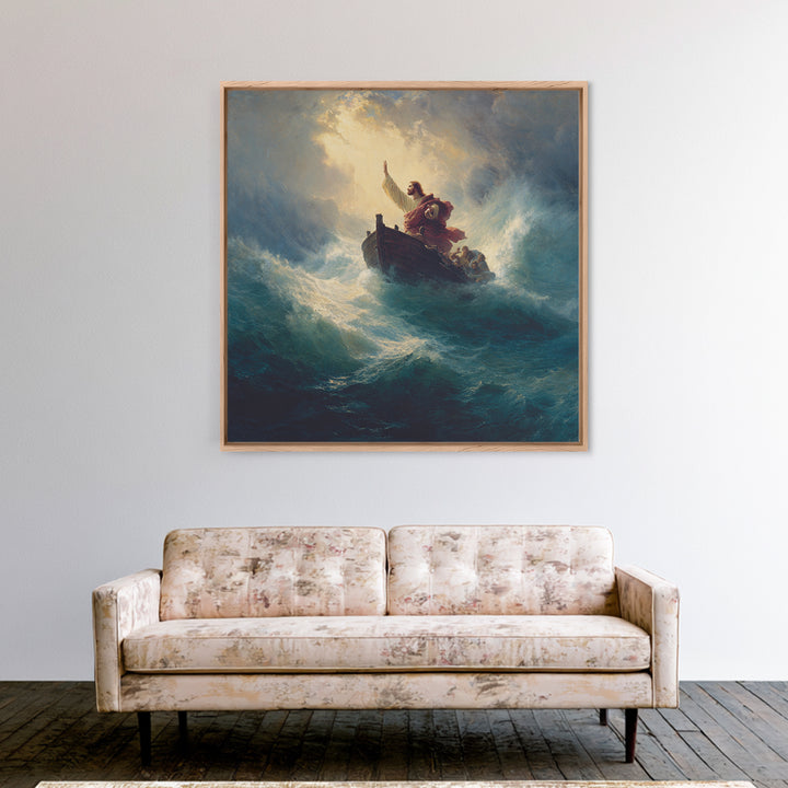 Jesus Calming The Storm At Sea Canvas Print, Biblical Ocean Painting, Christian Wall Art, Faith Gift For Prayer Room Decor