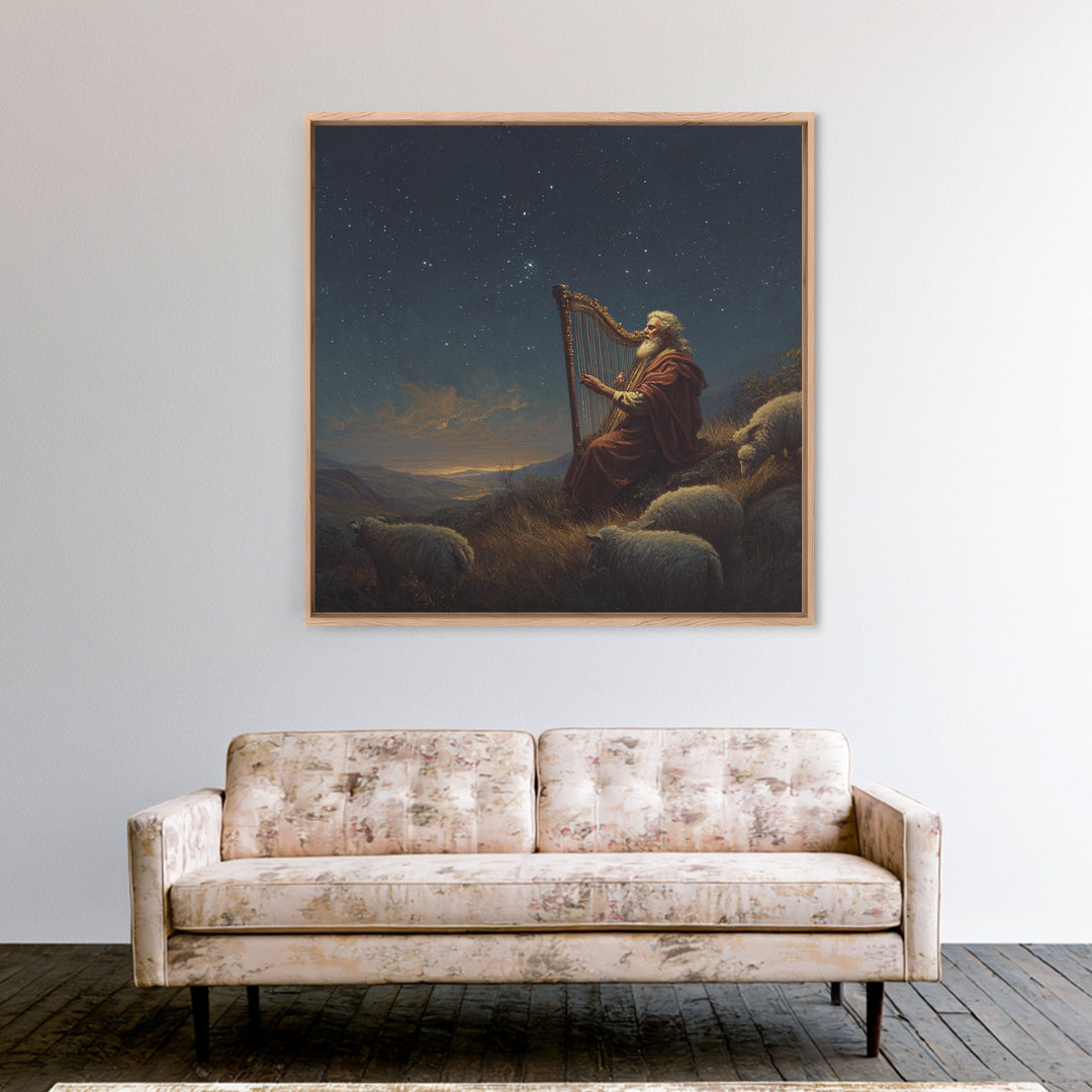 Biblical Shepherd Playing Harp Under Stars Canvas Print, David Psalm Wall Art, Celestial Christian Decor, Peaceful Gift For Her