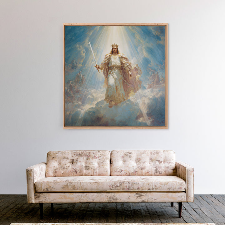 Radiant Jesus Warrior In Clouds Wall Art, Christian Framed Canvas Print, Biblical Religious Home Decor Gift For Prayer Room