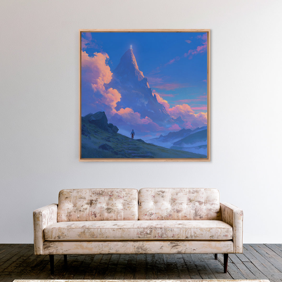 Glowing Fantasy Mountain Canvas Print, Epic Landscape Wall Art, Blue Sky Adventure Decor, Dreamy Nature Art, Gift For Him