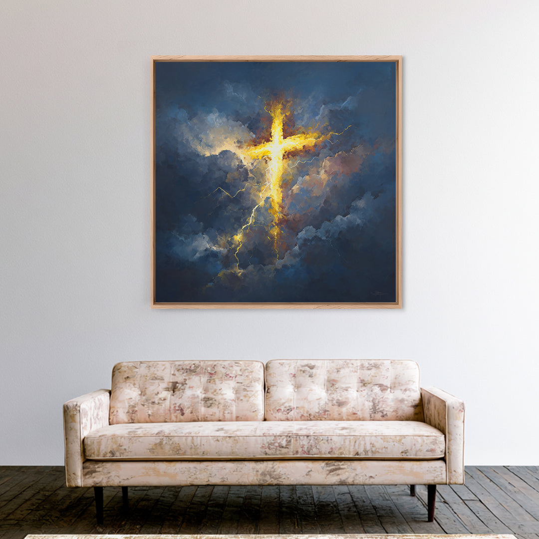 Glowing Cross In Storm Clouds Canvas Print, Christian Wall Art, Spiritual Gift, Faith Inspired Home Decor, Bible Verse Decor