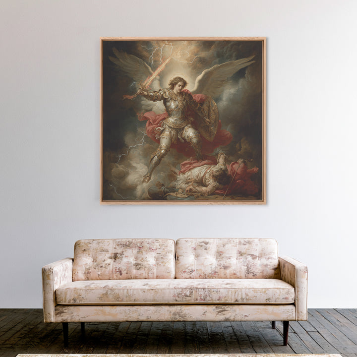 Archangel Michael Defeating Demon Framed Canvas Print, Baroque Religious Wall Art, Catholic Gift, Dramatic Fine Art Print