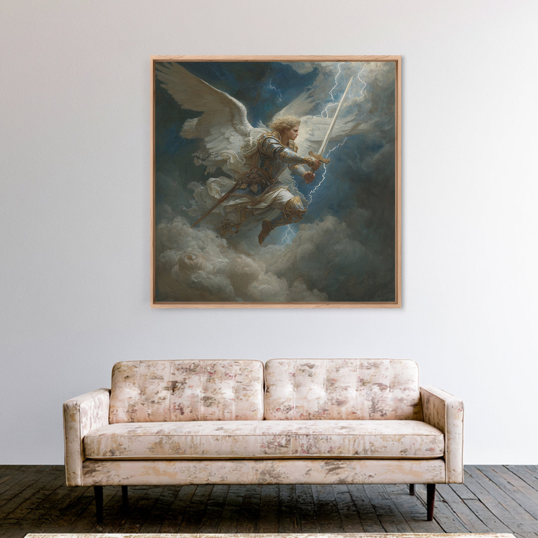 Archangel Warrior With Lightning Sword Canvas Print, Dramatic Christian Wall Art, Fantasy Angel Decor, Spiritual Gift For Him