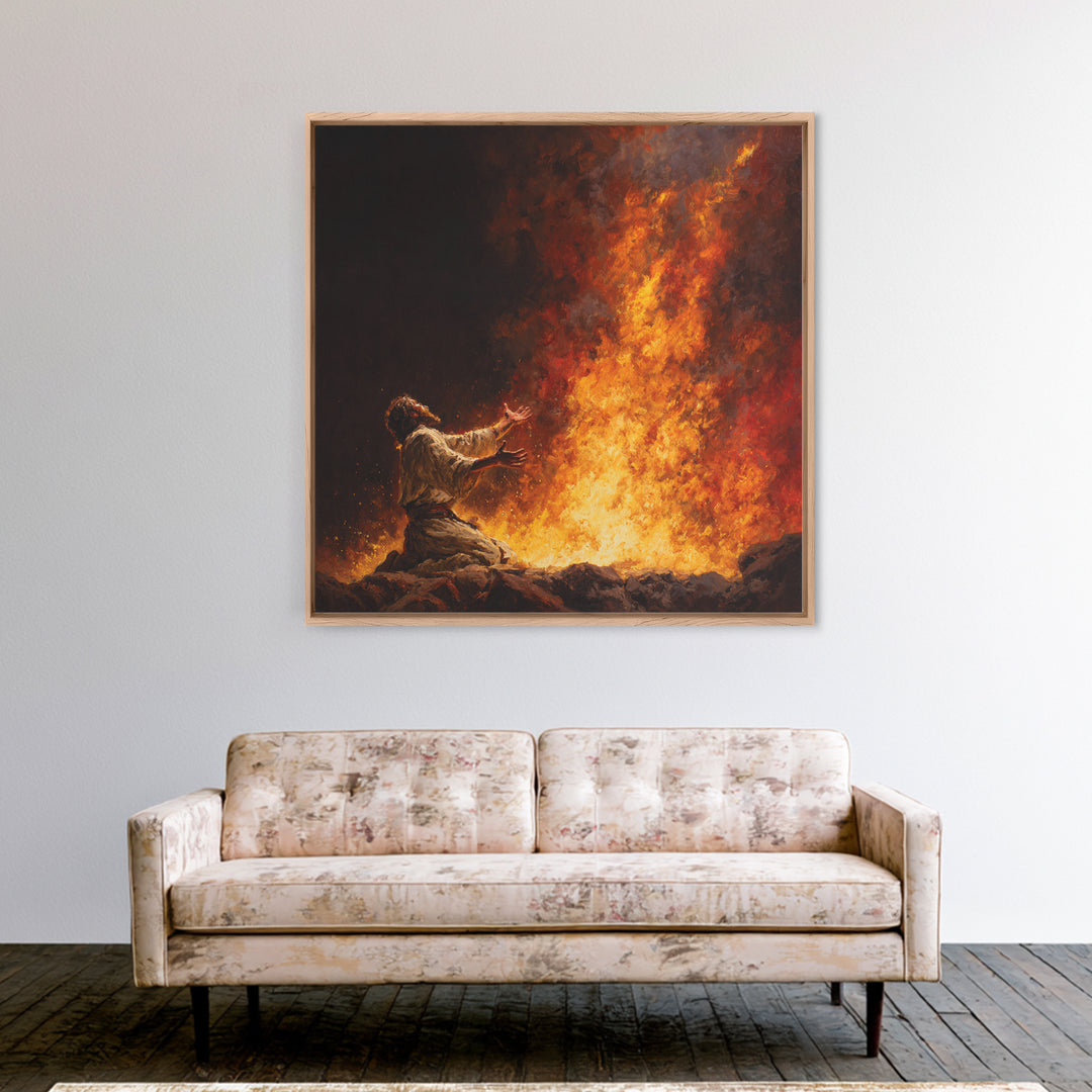 Kneeling Prophet Before Blazing Fire Wall Art, Biblical Painting, Spiritual Canvas Wall Art, Dramatic Christian Home Decor