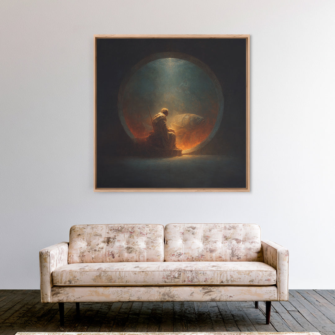 Surreal Fisherman And Giant Fish Canvas Print, Dark Fantasy Art, Moody Wall Decor, Unique Statement Artwork, Fine Art Print