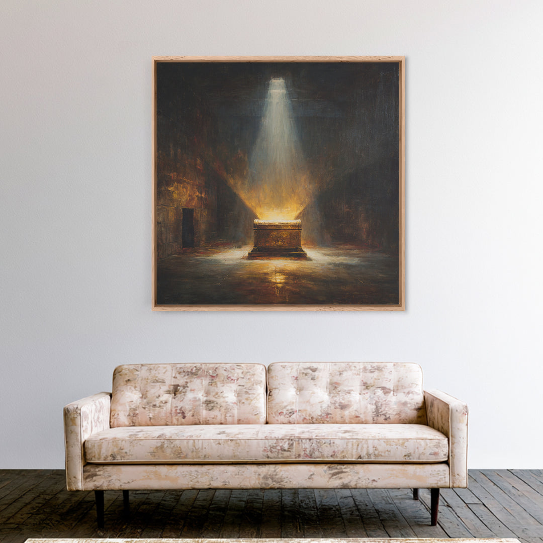 Glowing Ark In Ancient Chamber Framed Canvas Print, Dark Academia Wall Art, Biblical Oil Painting, Spiritual Home Decor Print