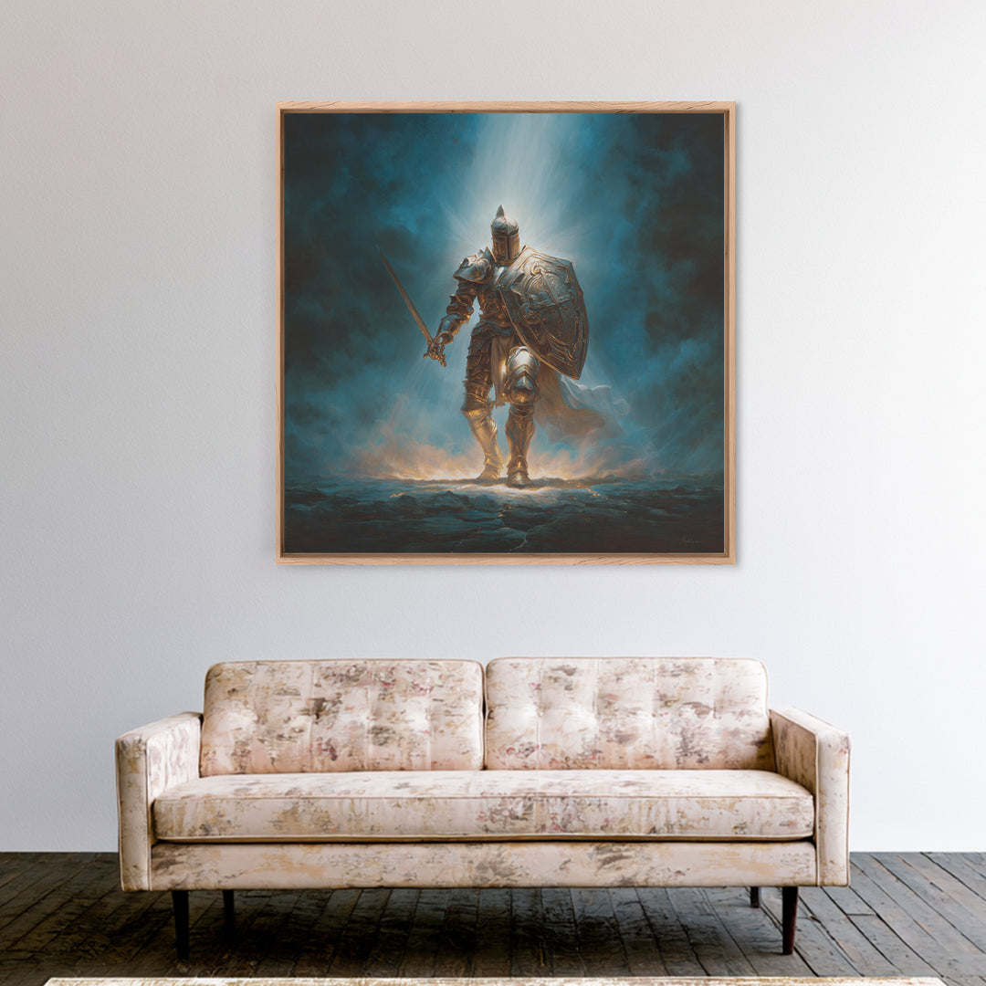 Heroic Silver Knight With Sword And Shield Wall Art, Fantasy Warrior Framed Canvas Print, Gothic Decor, Dramatic Office Art