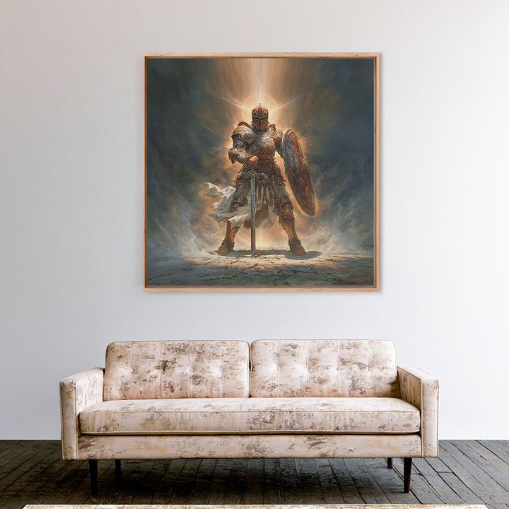 Glowing Medieval Knight Framed Canvas Print, Fantasy Wall Art, Warrior Armor Painting For Man Cave Decor And Gift For Him