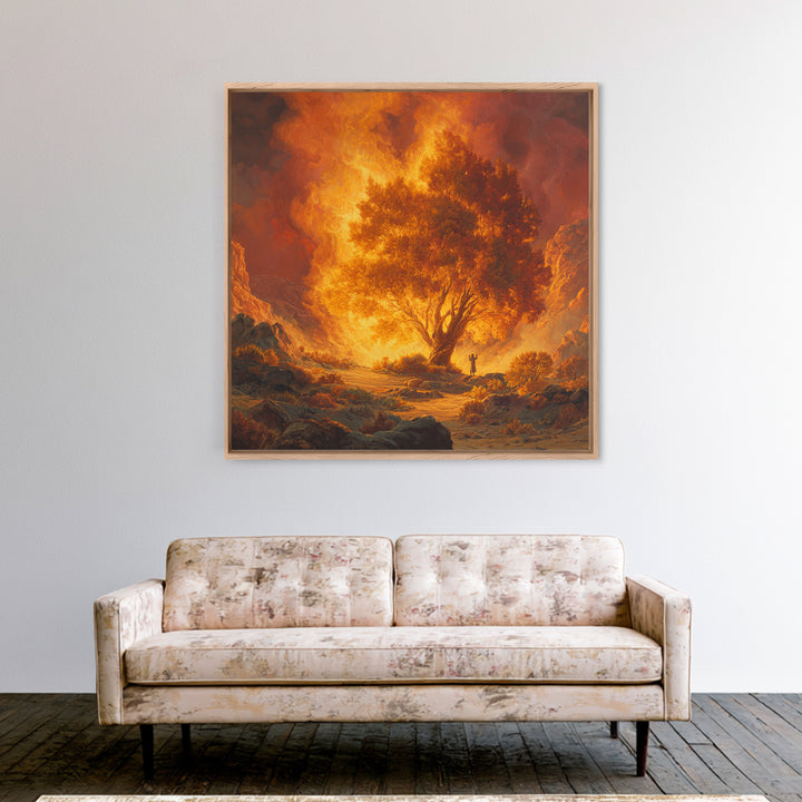Fiery Burning Bush In Desert Wall Art, Biblical Christian Canvas Print, Spiritual Landscape Decor, Religious Housewarming Gift