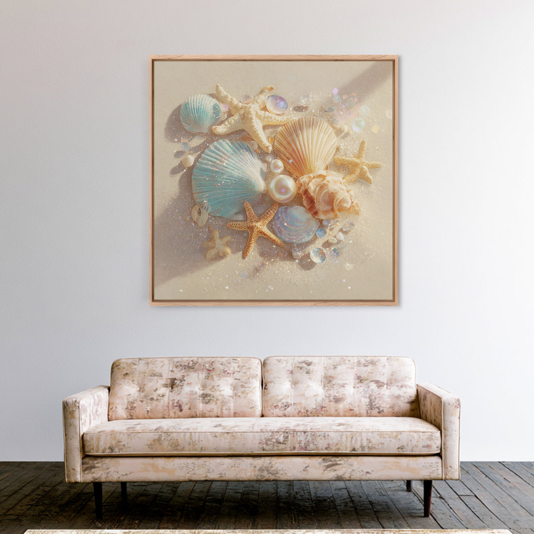 Seashells Starfish And Pearls Wall Art, Coastal Beach Canvas Print, Ocean Life Decor For Bathroom Or Beach House Home Decor