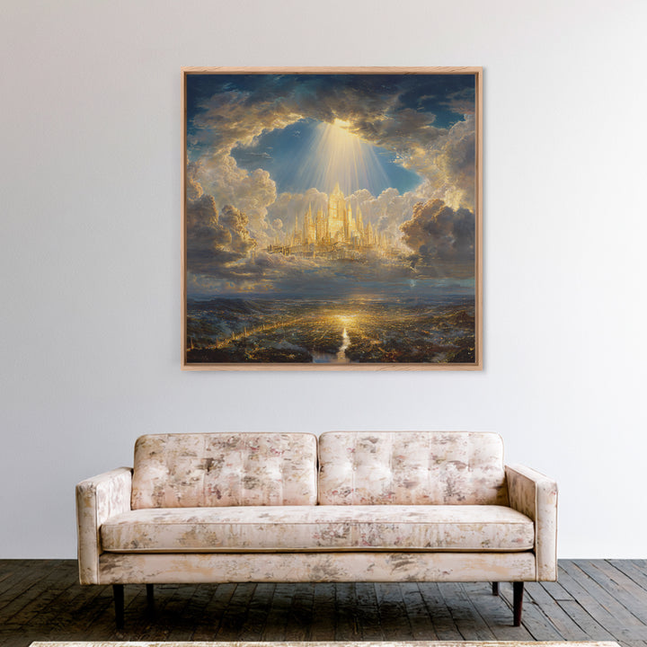 Golden Celestial City Above Clouds Wall Art, Heavenly Fantasy Canvas Print, Spiritual Landscape Decor, Statement Artwork Gift