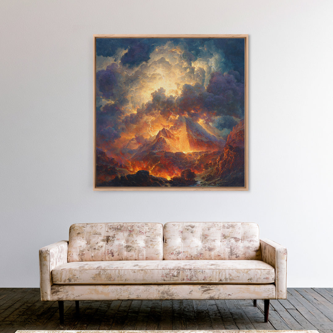 Volcanic Pyramid Storm Canvas Print, Fantasy Landscape Wall Art, Dramatic Lightning Decor, Dark Academia Statement Artwork