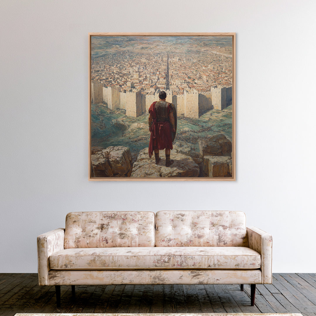 Warrior Over Ancient Walled City Wall Art, Biblical Landscape Framed Canvas Print, Historical Masculine Office Decor Gift