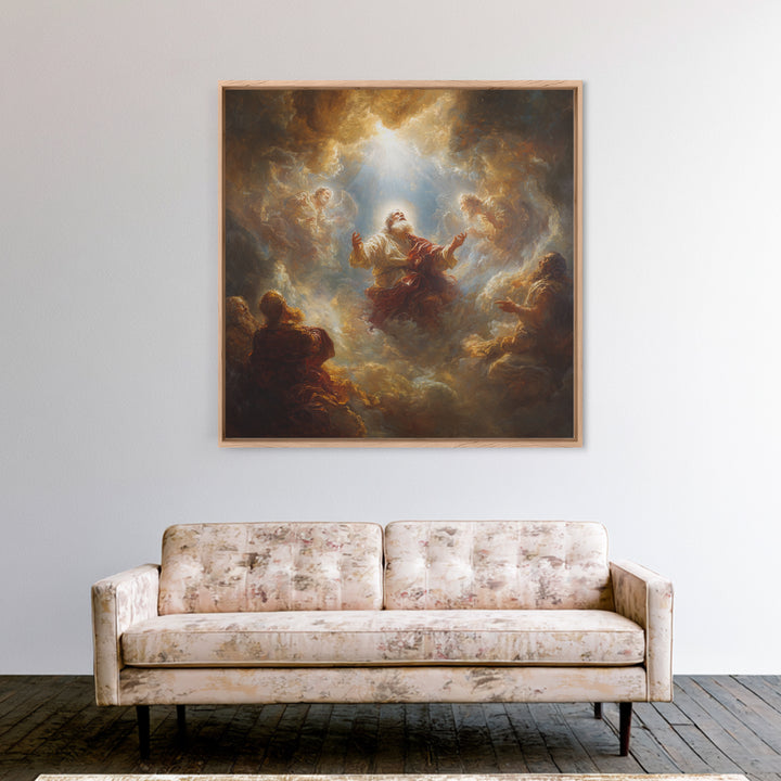 Biblical Prophet Ascending In Golden Clouds Framed Canvas Print, Christian Wall Art, Religious Home Decor, Prayer Room Gift